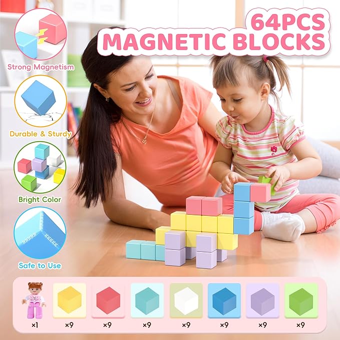64PCS Magnetic Blocks Set, Magnet Building Blocks with Toy Figurine and Storage Bag for Kids Gifts, STEM Educational Preschool Sensory Toys for Toddlers Boys Girls Ages 3 4 5 6 7 8 +(Macaron Color)