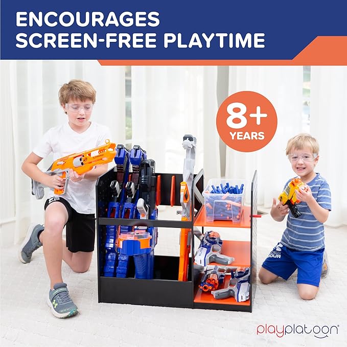 Play Platoon Storage Rack for Nerf Gun Storage & Nerf Accessories, Sturdy Wood Construction, Dart Holder & 6 Gun Holder for Wall with Pegboard Wall Organizer, Includes 20 Pegs