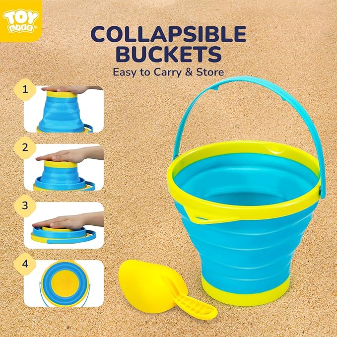 TOY Life Beach Toys for Kids Ages 4-8 Collapsible Sand Toys Toddlers with Silicone Bucket Shovels & Sand Castle Building Kit Molds, Sandbox Toy Travel, Beach Party, Fishing, Summer Activities