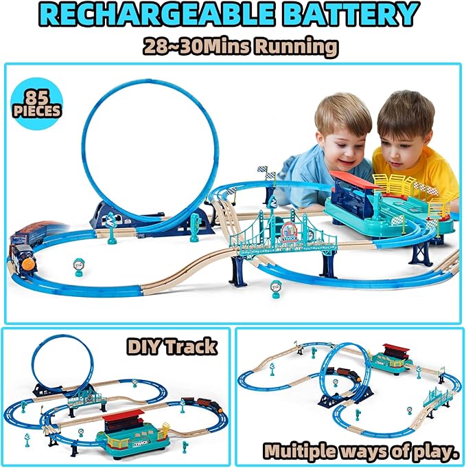 Train Set 85pcs,360° Transformed DIY Train Track Set,Rechargerable Electric Train Set with Realistic Train Station, Train Toys for Birthday Gifts for Kids Boys Girls
