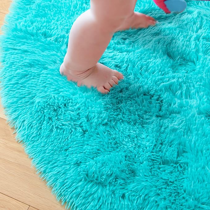 junovo Round Rug 5x5 Feet Fluffy Soft Area Rugs for Kids Girls Room Princess Castle Plush Shaggy Carpet Cute Circle Nursery Rug for Kids Girls Bedroom Baby Room Home Decor Circular Carpet, Teal Blue