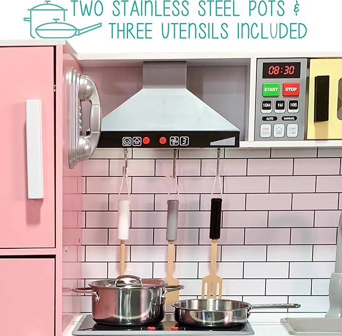 Lil’ Jumbl Kids Colorful Kitchen Set, Pretend Wooden Play Kitchen, Battery Operated Icemaker, Microwave, Range Hood, Stove Top, Oven, with Realistic Sound & Lights, Pots, Pan, & Utensils Included