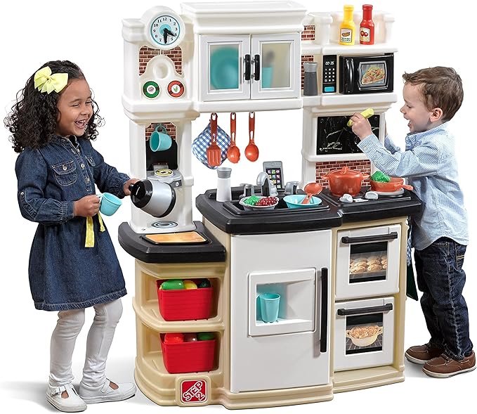 Step2 Great Gourmet Kids Kitchen Playset, Indoor/Outdoor Kitchenette, Interactive Play with Lights and Sounds, Made of Durable Plastic, Includes 33 Piece Toy Accessories, Toddlers 3+ Years Old, Tan
