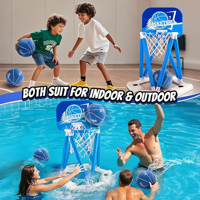 Pool Basketball Hoop, Floating Basketball Hoop Toy for Pool Water Game with 4 Basketballs Summer Swimming Pool Games for Kids & Adults Indoor Outdoor Play (Blue)