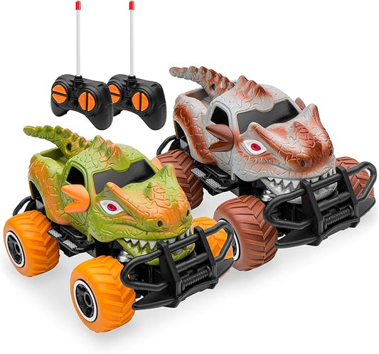 Best Choice Products Set of 2 1/43 Scale 27MHz Dinosaur RC Remote Control Car Toys w/ 9mph Max Speed, 2 Controllers