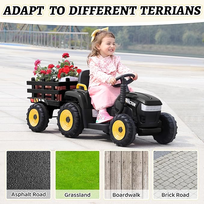 TOBBI Kids Electric Ride On Toy Tractor, 12v Battery-Powered 4 Wheels Ride On Car with Trailer for Toddlers 3-6 Years-Black