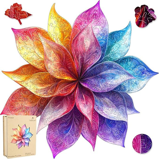 Colorful Flower 200 Pieces Wooden Jigsaw Puzzles for Adults with Unique Irregular Shape Fun Challenging Puzzles for Kids and Couples on Birthday, Father's Day, Christmas 13"*13"