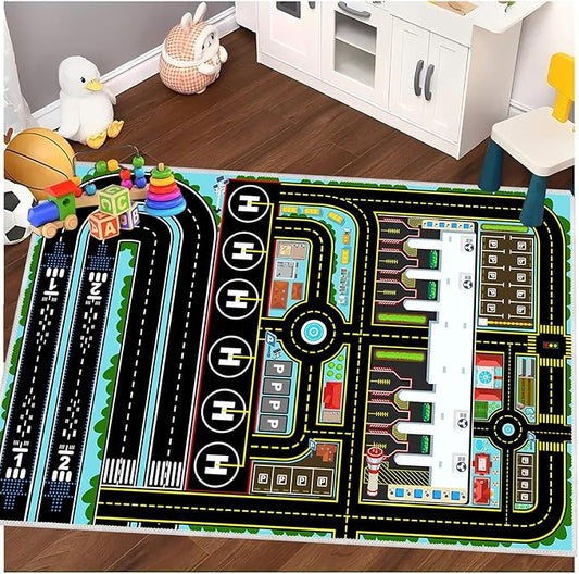 Kids Car Rug Carpet Playmat for Play Toy Cars, Airplane Road Airport Parking Track Rugs Carpet for Playroom Nursery Classroom Kids Room, Car Play Floor Mat Great Gift for Boy Girl 4x6ft