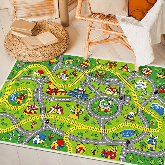 Kids Carpet Car Rug Play Mat, 4x6 Ft Classroom Carpet, Soft Floor Mats for Kids, Learning Area Rug for Kids, Non Slip Road Rug for Toddlers