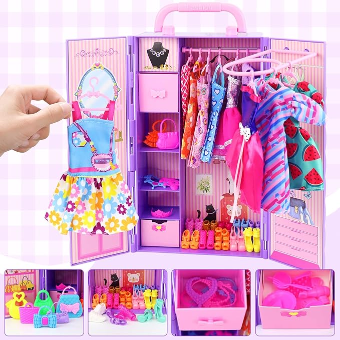 Ecore Fun 108 Pcs Doll Clothes and Accessories with Purple Doll Closet for 11.5 Inch Girl, Includes Party Dresses, Fashion Outfits, Swimsuits, Shoes, Hangers, Bags, Necklaces