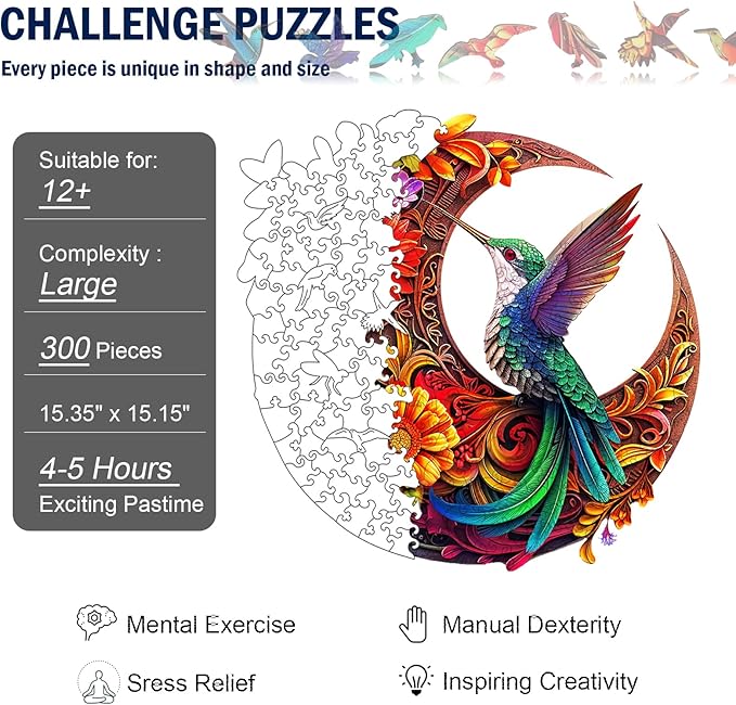 Unique Wooden Puzzles for Adults, Hummingbird Puzzle 300 Pieces 15.35" x 15.15", Animal Shaped Wood Puzzles Adult Brain Teasers, Wooden Jigsaw Puzzles, Family Games for Kids and Adults