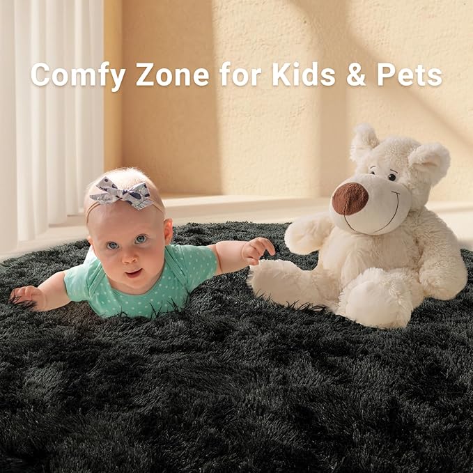 LOCHAS Luxury Round Fluffy Area Rugs for Bedroom Kids Girls Room Nursery, Super Soft Circle Rug, Cute Shaggy Carpet for Children Living Room, 5x5 Feet Black