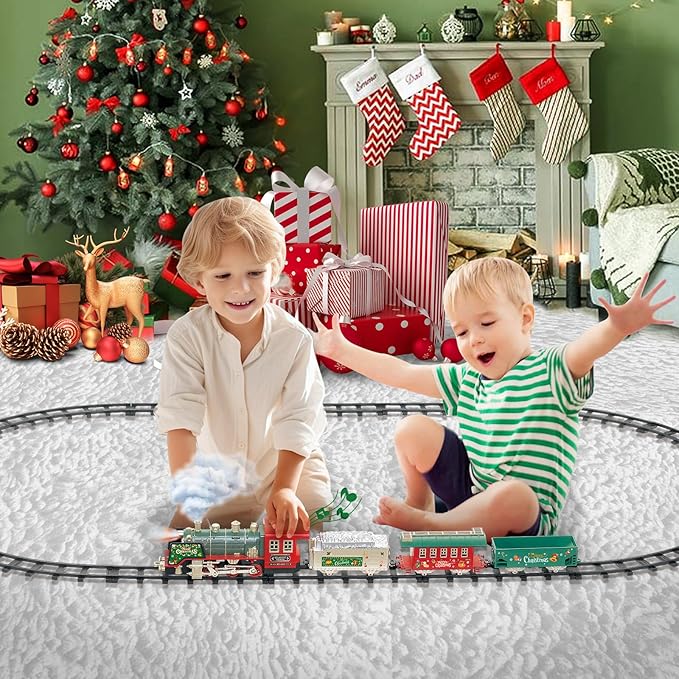 JUQU Christmas Train Set with Remote Control, Smoke, Whistle & Lights, Perfect for Around the Tree, Boys' Toy Train Set, Ages 3-8