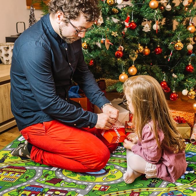 Booooom Jackson Kids' Train & City Rug - Non-Slip, Washable, Race Car Track Play Mat for Boys & Girls