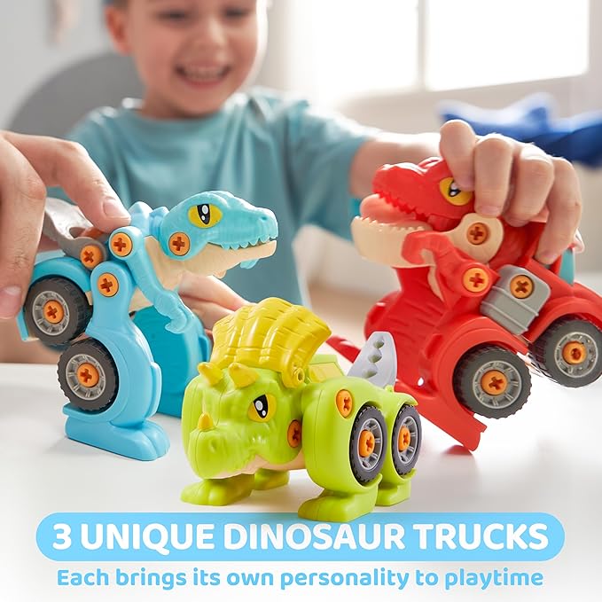 Dinosaur Toys, 3 Pack Take Apart Dinosaur Playset with Electric Drill, Transforming Construction Building Toys, Two-Way Switch, Play Cars for Boys Girls Kids, Christmas Birthday Gifts for Kids