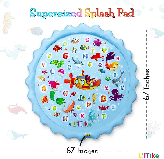 Large Splash Pad for Kids - Alphabet and Mermaid Design - Extra Durable and Non-Toxic Kids Splash Pad with Steady Water Flow - Splash Pads for Toddlers 1-3 and Up - 66.9”.