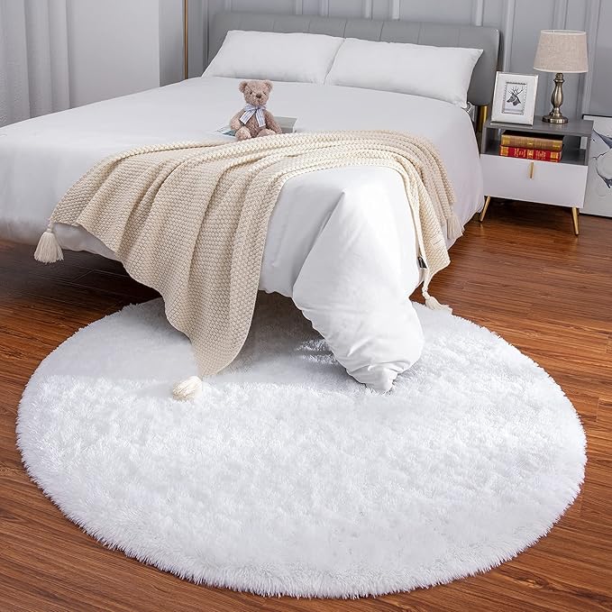 LOCHAS Luxury Round Fluffy Area Rugs for Bedroom Kids Girls Room Nursery, Super Soft Circle Rug, Cute Shaggy Carpet for Children Living Room, 4x4 Feet White