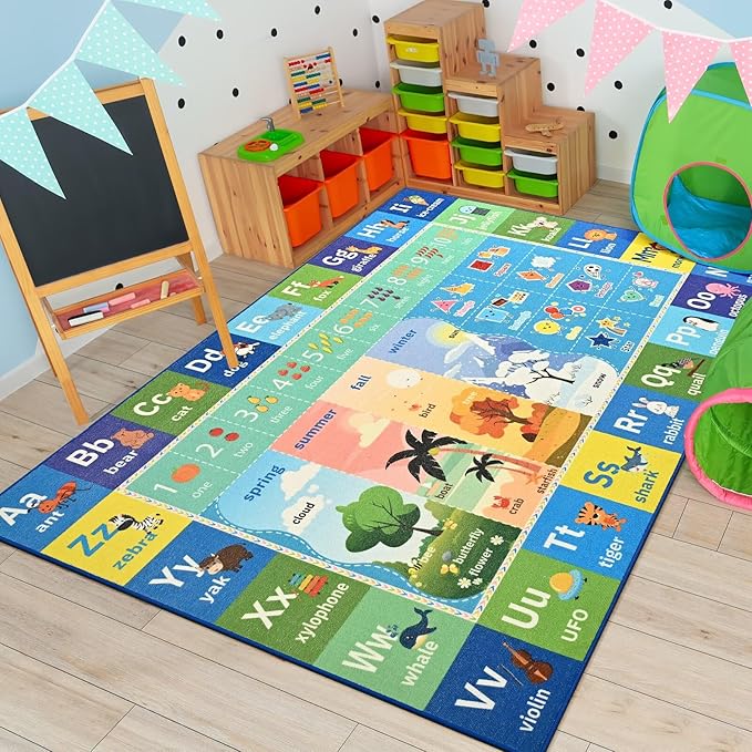 ABC Kids Rug for Playroom, 3x5 Washable Classroom Area Rugs, Toddler Educational Play Mat with Alphabet Numbers Seasons Shapes, Learning Fun for Preschool Children, Blue & Green