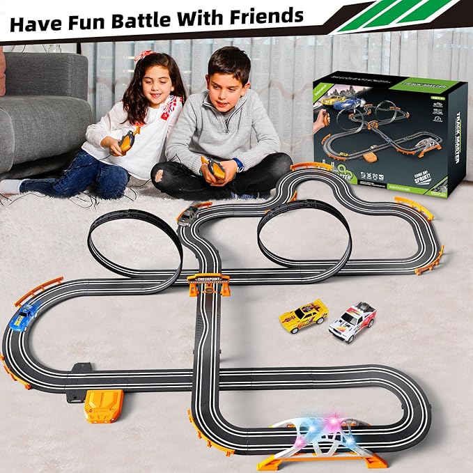 Slot Car Race Track for Kids with 4 Slot Cars, Dual Racing Electric Car Tracks Game Featuring Flash Bridge and Pendulum Toys Gifts for Boys Girls Age 6 7 8 Years Old