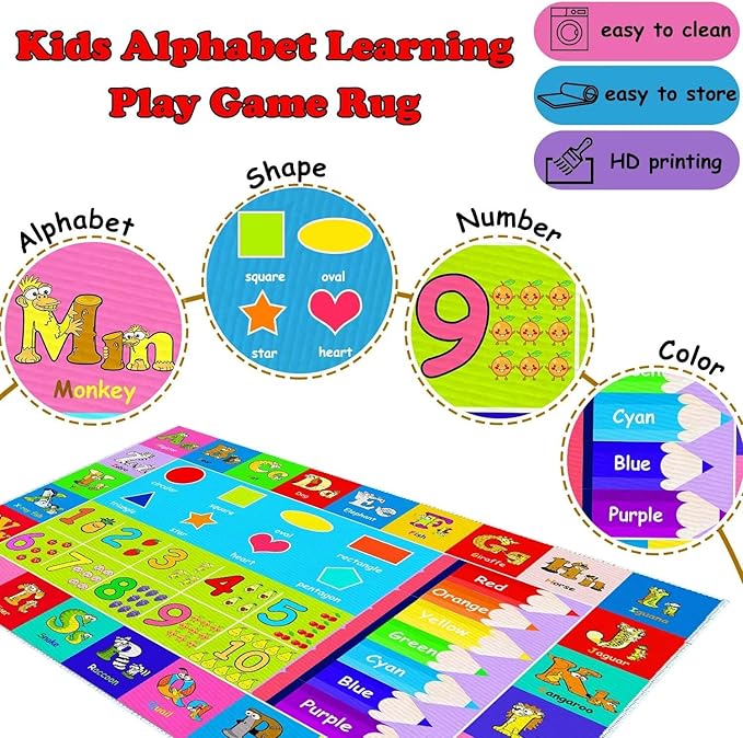 Kids Alphabet Play Game Rug - 2' 7" x 4' ABC Numbers and Shapes Educational Learning Toddler Carpet - Kids Room Playroom Classroom Kindergarten Activity Fun Soft Non-Slip Mat
