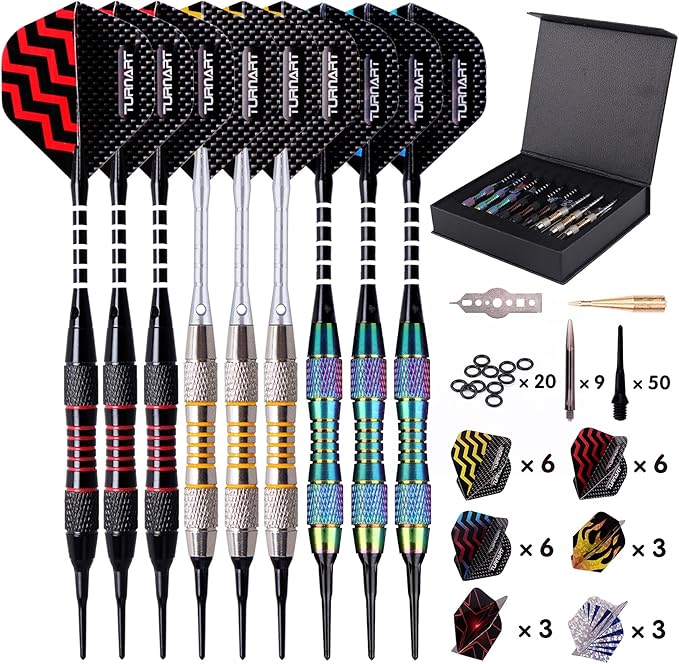 Turnart Darts Plastic Tip - Professional Soft Tip Darts Set for Electronic Dartboard 9 Pcs 18 Grams with 50 Extra Tips 9 Shafts 27 Flights Tool Kit Flight Protectors and Gift Darts Case
