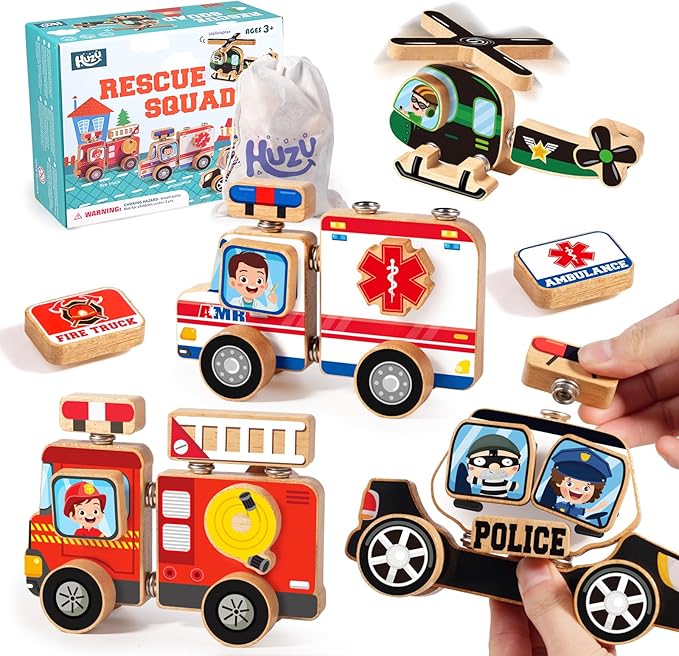 Emergency Vehicles 3D Puzzle Toy, HUZU Rescue Squad Wooden Snap Button Connection Building Blocks for Kids 3-8, Fire Truck Ambulance Police Car Helicopter Montessori Gifts for Preschool Children