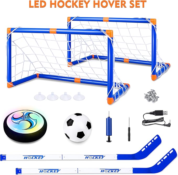 STREET WALK Kids Toys - Hover Hockey Set with Rechargeable Hover Soccer 2 Goals - Air Power Training Ball Playing Hockey Game - Hockey Toys 3 4 5 6 7 8 9 10 11 12 Year Old Boys Girls Best Gift