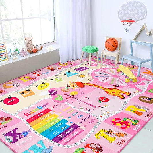 Chicrug Educational Kid Area Rug for Playroom, 4x6 Feet TPR Non Slip Kids Classroom Carpet Rug for Learning ABC Animal, Shape Color Fruit, Washable Play Mat Rug for Children Nursery Toddler Room Decor