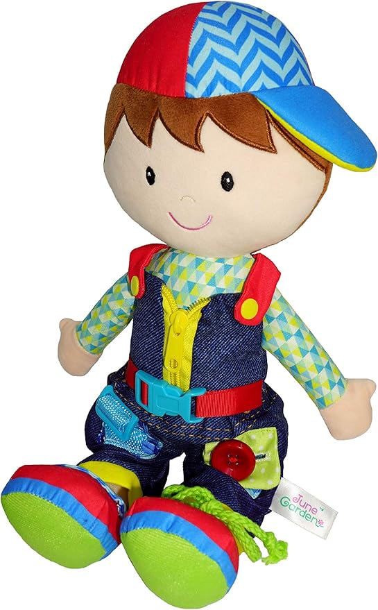 June Garden 15.5" Dressy Friends Lucas - Educational Stuffed Plush Doll for Kids and Toddlers 2 Years and Up - Montessori Buckle Soft Toy