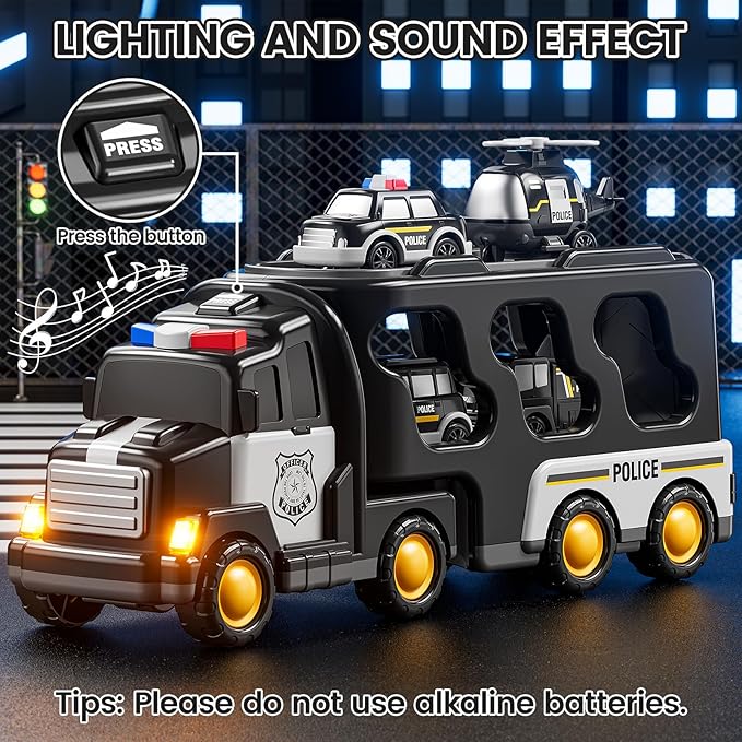 Police Truck Toy for 3 4 5 6 Years Old Boys - Carrier Vehicle Toy Set with 3 Small Cars and 1 Helicopter, Kids Firction Powered Car for Age 3-9, Gifts for Boys and Girls