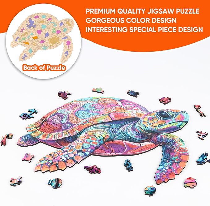 Colorful Turtle Puzzles for Adults 500 Pieces, 5MM Thick Wooden Jigsaw Puzzles, Unique Shape Puzzle Ocean Wood Puzzles for Adults and Kids Birthday Gifts Family Game 16.9 * 16.9inch