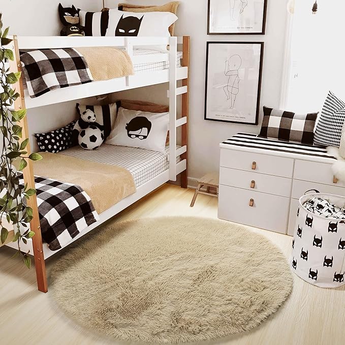 Amdrebio Beige Round Area Rugs 5Ft for Bedroom, Fluffy Plush Shag Furry Circle Rug for Kids Room, Living Room Decor Aesthetic, Fuzzy Circular Tan Neutral Carpet for Teens Baby Nursery Playroom Dorm