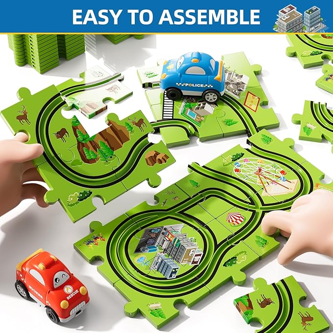 Bennol Toddler Toys Gifts for 2 3 4 5 Year Old Boys, 56 Jigsaw Puzzle Race Track Car Set Toys for Kids Boys Toddlers 1-3 2-4 3-5 4-6, Puzzle Tracks Car Toys Gifts for 2 3 4 5 Year Old Boys Kids