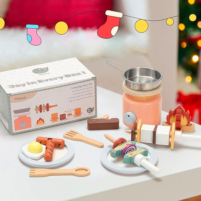 Wooden Camping Toys, Pretend Play Toys Campfire with Kids Grill Playset, 25pcs Kids Play Food Toy Set, Outdoor Play Toys for Toddler Boys and Girls Ages 3+