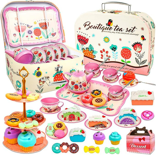 SMILESSKIDDO 46pcs Tea Party Set for Little Girls - Princess Tea Party Set,Kids Kitchen Pretend Play Toys - Toddler Tea Party Sets for Girls 3-5, Girls Tea Party Set Gift for 3 4 5 6 7 8 Girl(Garden)