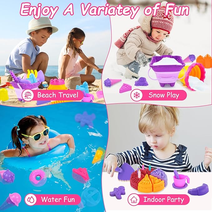 Beach Sand Toys, 50Pcs Sandbox Toys with 2 Collapsible Buckets, Mesh Backpack Bag, Shovels, Ice Cream, Cake & Castle Sand Molds, Summer Outdoor Travel Toys for Kids Toddlers Girls