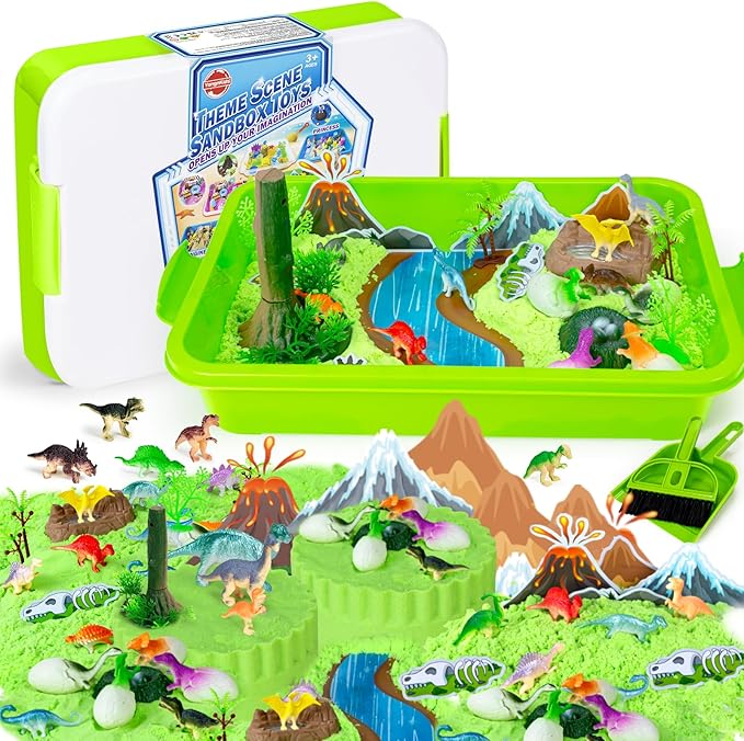 Dinosaur Sensory Bin Toys for Kids, 49Pcs Dinosaur Sandbox Play Sand Kit with 2.2lbs Magic Sand, Dino Figures, Forest Scene Models, Shovel, Preschool Toddler Activities Birthday Gift for Age 3-8