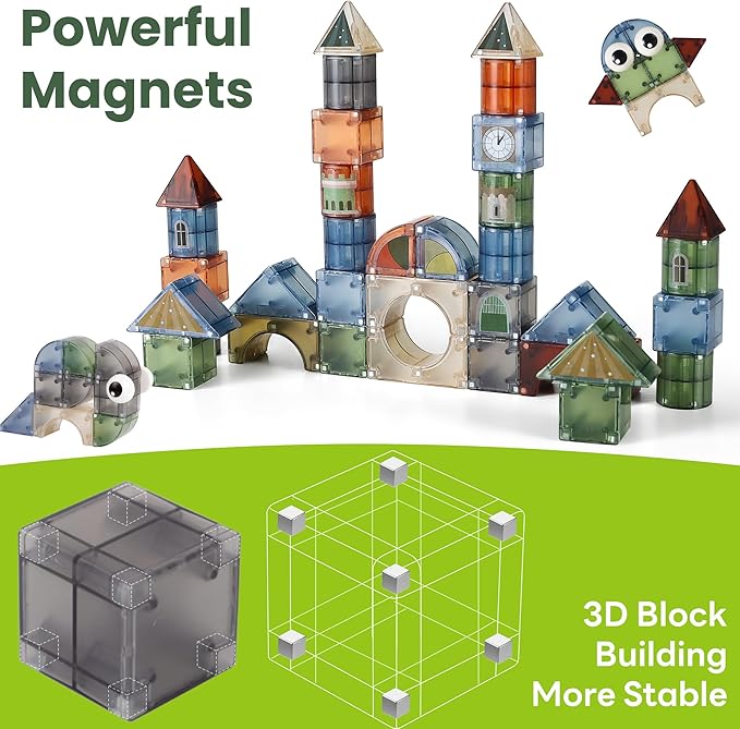 iPlay, iLearn Kids Magnetic Blocks, 62 PCS Magnet Stacking Block Building Toy, Toddler STEM Learning Montessori Sensory Toy, Preschool Classroom Educational Birthday Gift 3 4 5 6 7 8 Year Old Boy Girl
