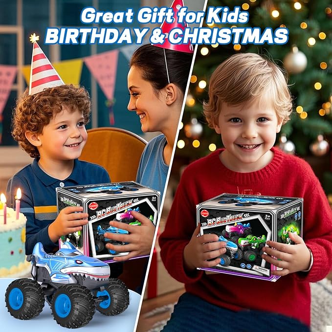 Monster Truck Toy, Shark Remote Control Car, 2.4Ghz Rchargeable Rc Truck with Music,Lighting Effect,360° Rotating Stunts RC Car Toy for Kids 3-5 6 7 8-12