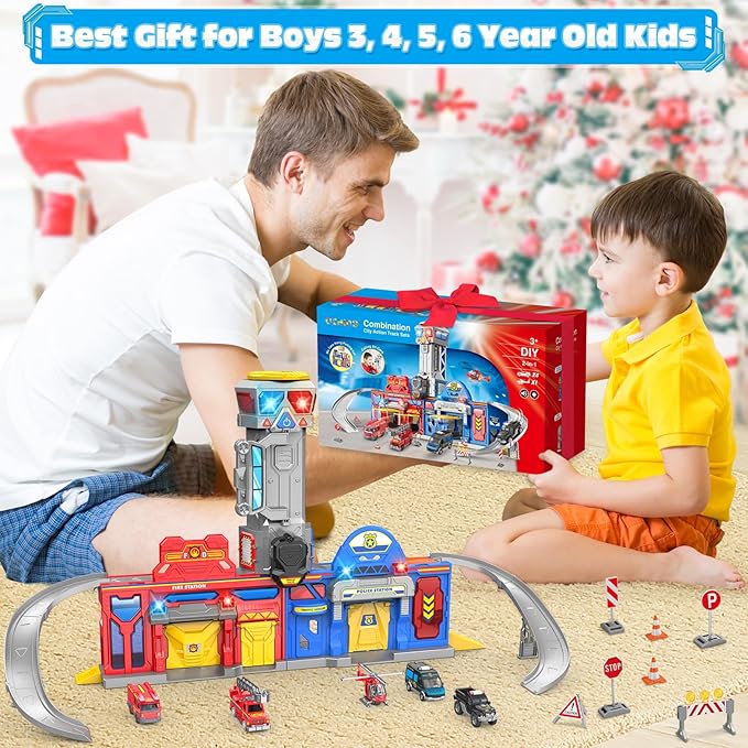 Ochido Boys Toys for 3 4 5 6 Years Old,Large City Action Playset Kit with Lights Sounds,Walkie-Talkie,Foldable Police & Fire Station Transform Track Toy with 4 Cars,Helicopter,7 Accessories