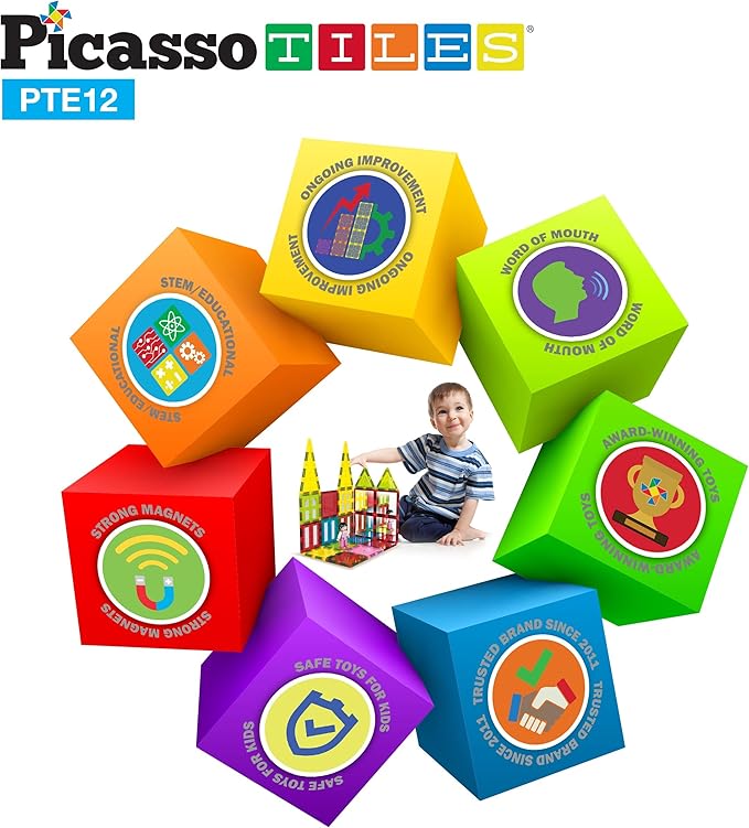 PicassoTiles Mirror Magnetic Building Tile Blocks, Construction Sensory Gifts Magnets Expansion Square Set, Toddler Magnets, Educational Toys for 3+ Year Old, Kindergarten Toys, Stacking Blocks