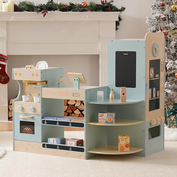 ROBUD Grocery Store Playset, Kids Play Store, Wooden Supermarket Playset with Cash Register, Chalkboard, Vending Machine, Coffee Machine, Oven, Play Food Accessories, Gift for Boys Girls 3+