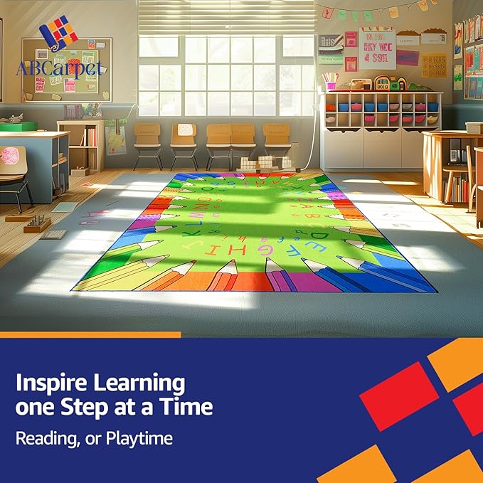 Classroom Rug Carpet Learning Educational Elementary School Daycare Nursery Non Slip Soft Washable ABC Numbers Reading Alphabet Letter Seating Area Rug (3.2 x 5ft, E009-PencilABC-Economy)