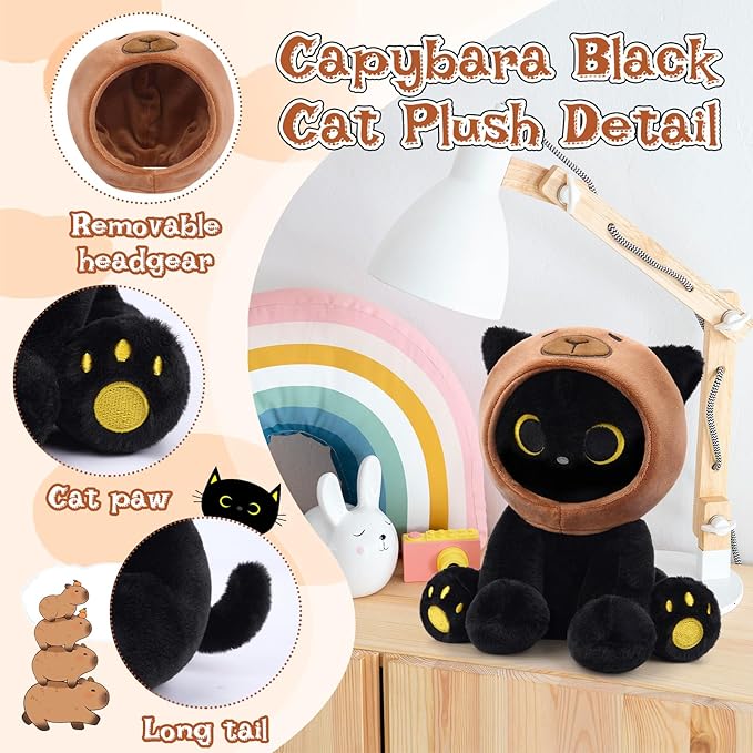 Capybara Cat Stuffed Animal, 8inch Black Cat Plush Wear Capybara Hat, Anime Kitten Plushies Kawaii Huggable Gift for Kids Boys Girls,Girlfriends Christmas, Birthday Gifts