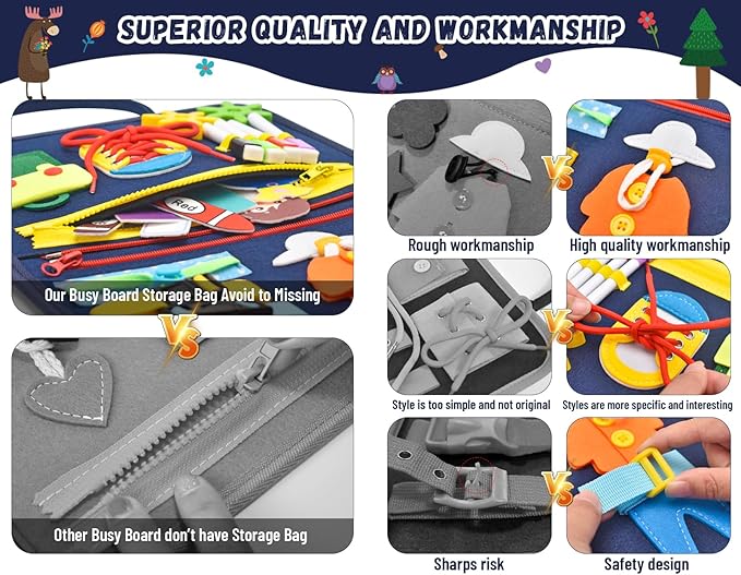 16 Pages Busy Board for Toddlers 1-3,Montessori Travel Toy for Plane/Car,Educational Sensory Toy for Toddlers 2-4,Preschool Activities Board for Developing Fine Motor Skills,Gift for Boys/Girls