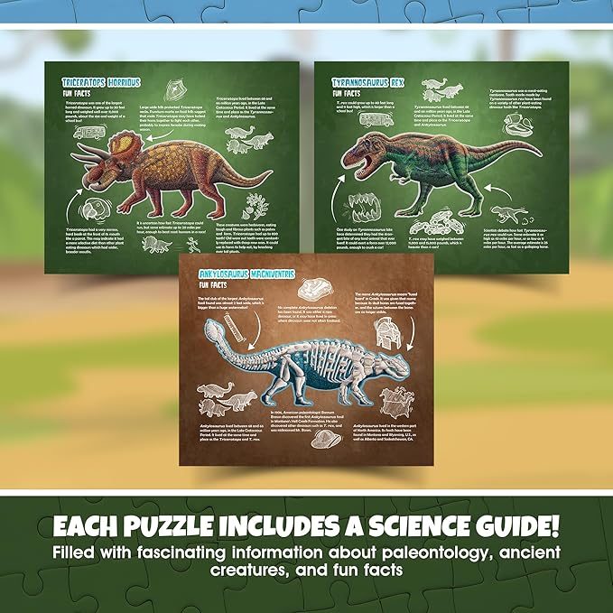 Tyrannosaurus Rex, Triceratops and Ankylosaurus Dinosaur Puzzle Bundle | 100-Piece Each with Glow-in-The-Dark Skeleton On Other Side | 4 FT Scientifically Accurate Dino Illustration