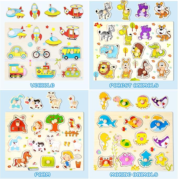 Chivao 8 Set Wooden Peg Puzzles for Toddlers 2-4 Years Alphabet Number Animal Vehicles Puzzles Board for Kids Educational Learning Toys for Children Babies Boys Girls(Lovely)