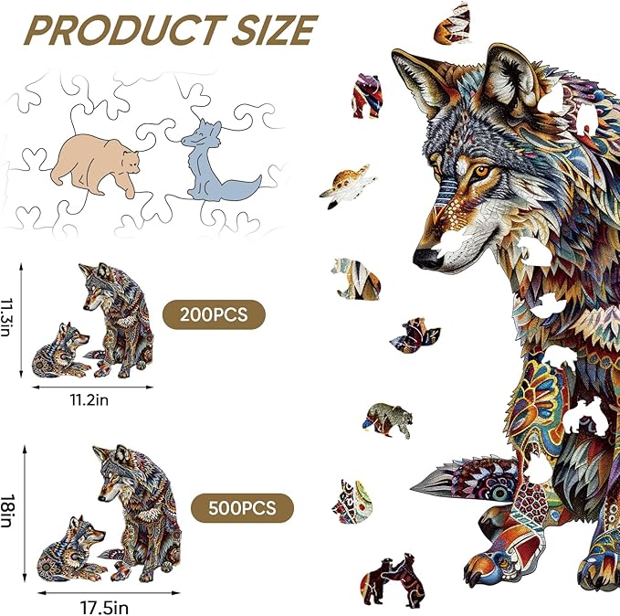 Wolf Family 500 Pieces Wooden Jigsaw Puzzles for Adults with Unique Irregular Shape Fun Challenging Animal Puzzles for Kids and Couples on Birthday,Children’s Day,Christmas 17.5"x18"