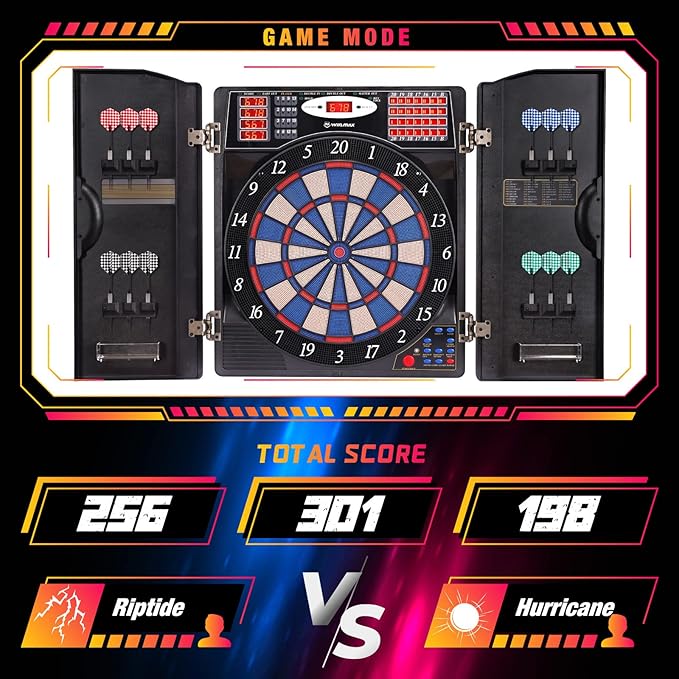 WIN.MAX Electronic Dart Board Cabinet Set, LED Electric Digital Soft Tip Dart Boards for Adults with Cabinet, up to 16 Players, 38 Games and 211 Variations with 12 Soft Tip Dartboard Set