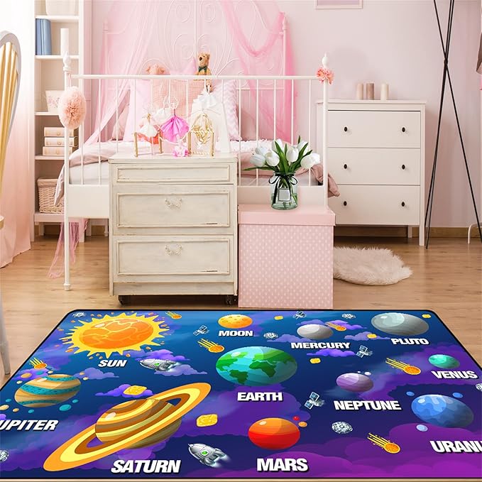 Universe Planet Area Rugs Outer Space Rugs for Boys Bedroom Educational Sofa Floor Mat Galaxy Solar System Theme Throw Rugs for Indoor Outdoor Carpets Crystal Polyester Mats Oversized, 5'×7'
